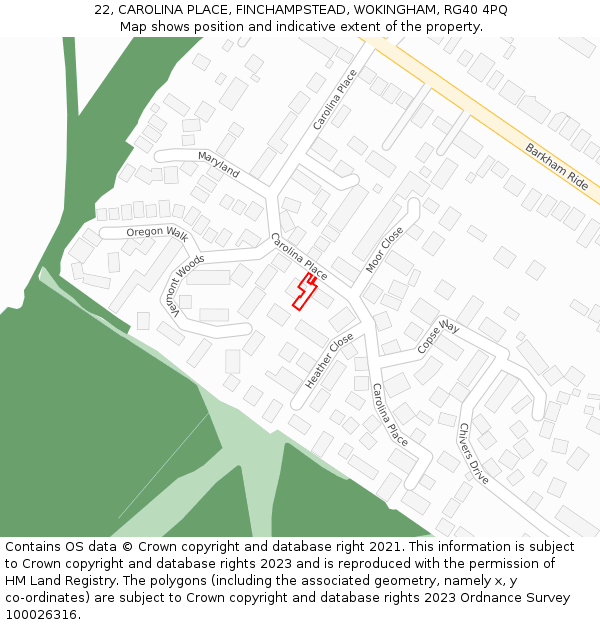 22, CAROLINA PLACE, FINCHAMPSTEAD, WOKINGHAM, RG40 4PQ: Location map and indicative extent of plot