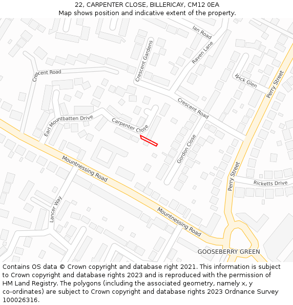 22, CARPENTER CLOSE, BILLERICAY, CM12 0EA: Location map and indicative extent of plot