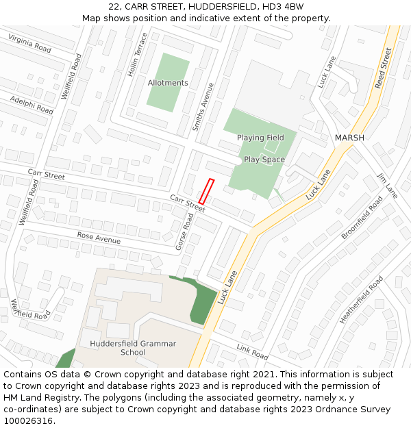 22, CARR STREET, HUDDERSFIELD, HD3 4BW: Location map and indicative extent of plot