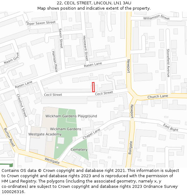 22, CECIL STREET, LINCOLN, LN1 3AU: Location map and indicative extent of plot