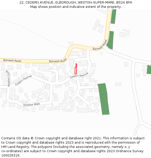 22, CEDERN AVENUE, ELBOROUGH, WESTON-SUPER-MARE, BS24 8PA: Location map and indicative extent of plot