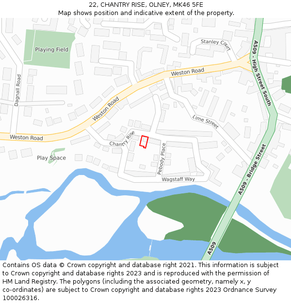 22, CHANTRY RISE, OLNEY, MK46 5FE: Location map and indicative extent of plot