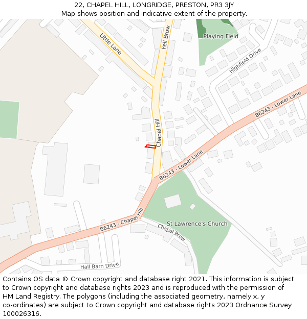 22, CHAPEL HILL, LONGRIDGE, PRESTON, PR3 3JY: Location map and indicative extent of plot