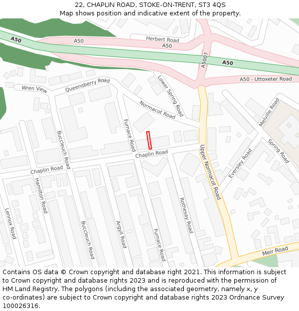 22, CHAPLIN ROAD, STOKE-ON-TRENT, ST3 4QS: Location map and indicative extent of plot