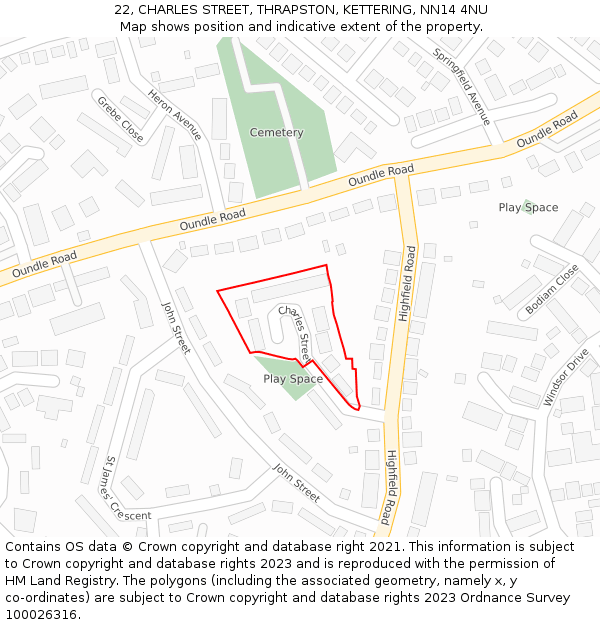 22, CHARLES STREET, THRAPSTON, KETTERING, NN14 4NU: Location map and indicative extent of plot