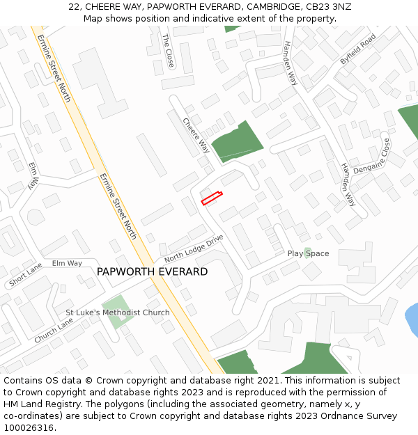 22, CHEERE WAY, PAPWORTH EVERARD, CAMBRIDGE, CB23 3NZ: Location map and indicative extent of plot