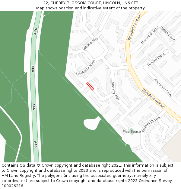 22, CHERRY BLOSSOM COURT, LINCOLN, LN6 0TB: Location map and indicative extent of plot