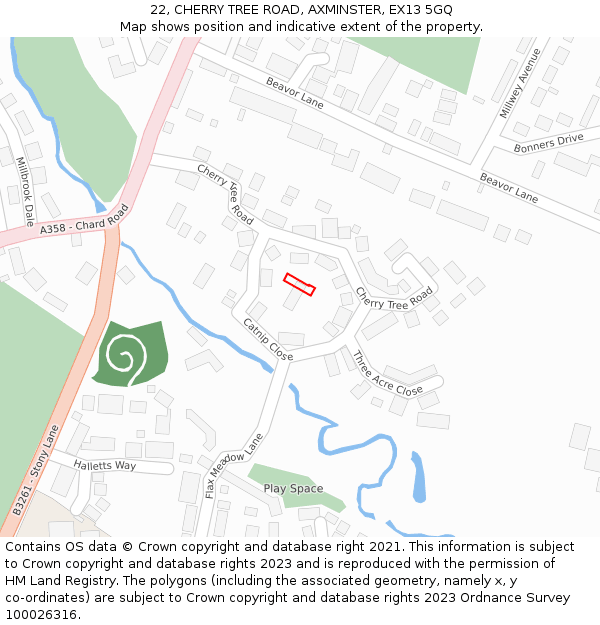 22, CHERRY TREE ROAD, AXMINSTER, EX13 5GQ: Location map and indicative extent of plot