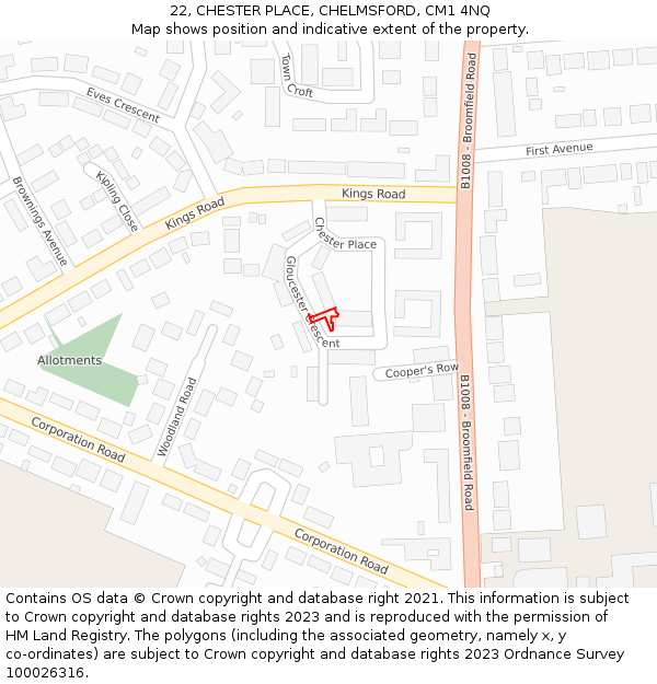 22, CHESTER PLACE, CHELMSFORD, CM1 4NQ: Location map and indicative extent of plot