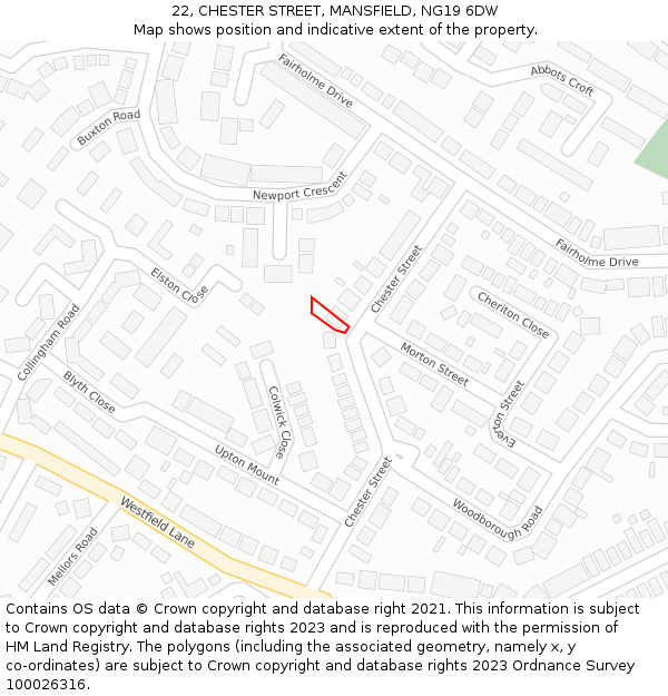 22, CHESTER STREET, MANSFIELD, NG19 6DW: Location map and indicative extent of plot