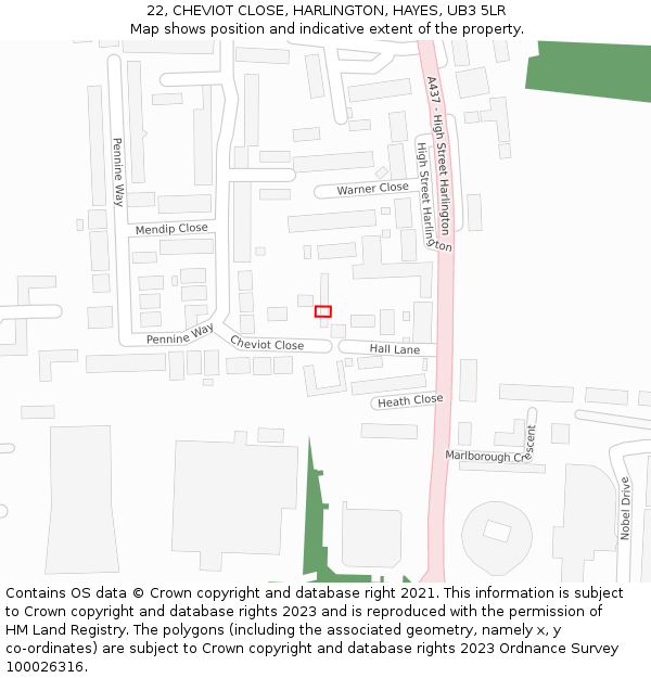 22, CHEVIOT CLOSE, HARLINGTON, HAYES, UB3 5LR: Location map and indicative extent of plot