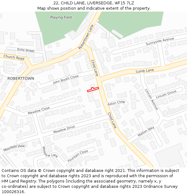 22, CHILD LANE, LIVERSEDGE, WF15 7LZ: Location map and indicative extent of plot
