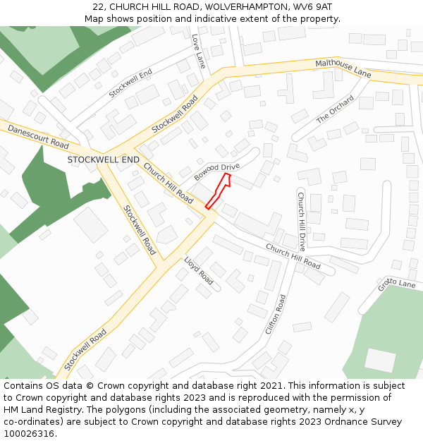 22, CHURCH HILL ROAD, WOLVERHAMPTON, WV6 9AT: Location map and indicative extent of plot