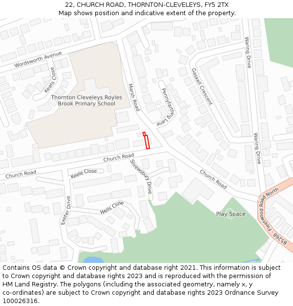 22, CHURCH ROAD, THORNTON-CLEVELEYS, FY5 2TX: Location map and indicative extent of plot