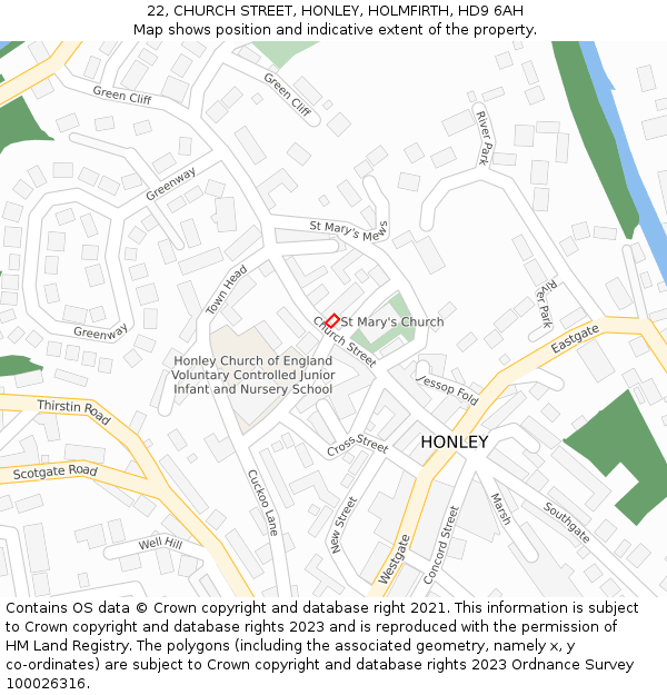 22, CHURCH STREET, HONLEY, HOLMFIRTH, HD9 6AH: Location map and indicative extent of plot
