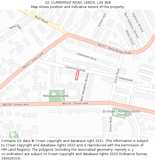 22, CLAREMONT ROAD, LEEDS, LS6 4EB: Location map and indicative extent of plot