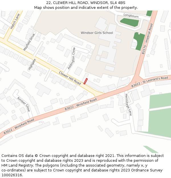 22, CLEWER HILL ROAD, WINDSOR, SL4 4BS: Location map and indicative extent of plot