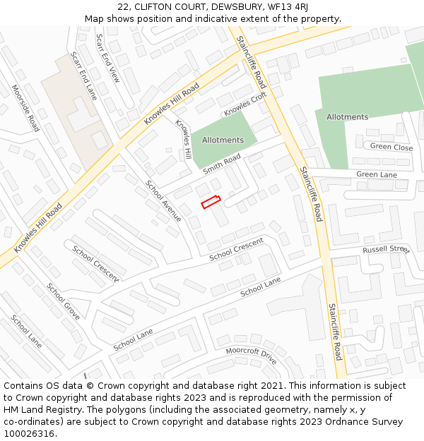 22, CLIFTON COURT, DEWSBURY, WF13 4RJ: Location map and indicative extent of plot