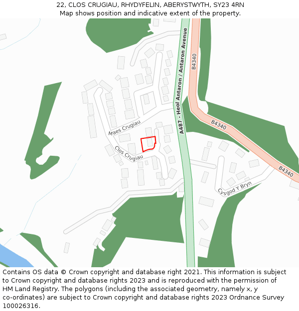 22, CLOS CRUGIAU, RHYDYFELIN, ABERYSTWYTH, SY23 4RN: Location map and indicative extent of plot