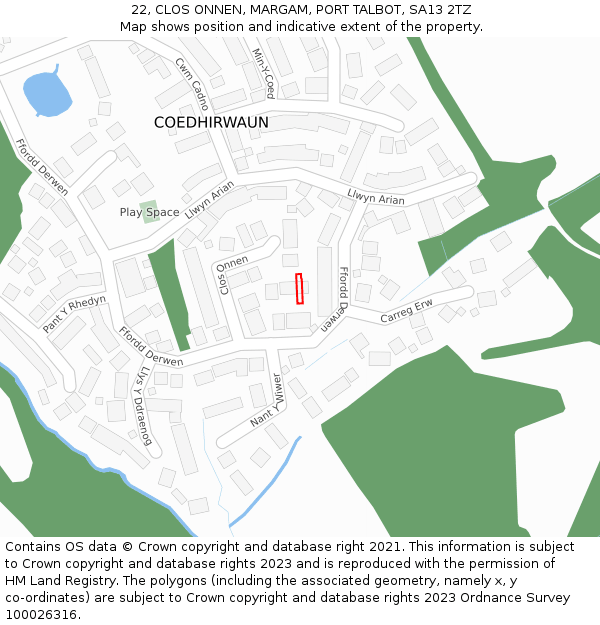 22, CLOS ONNEN, MARGAM, PORT TALBOT, SA13 2TZ: Location map and indicative extent of plot