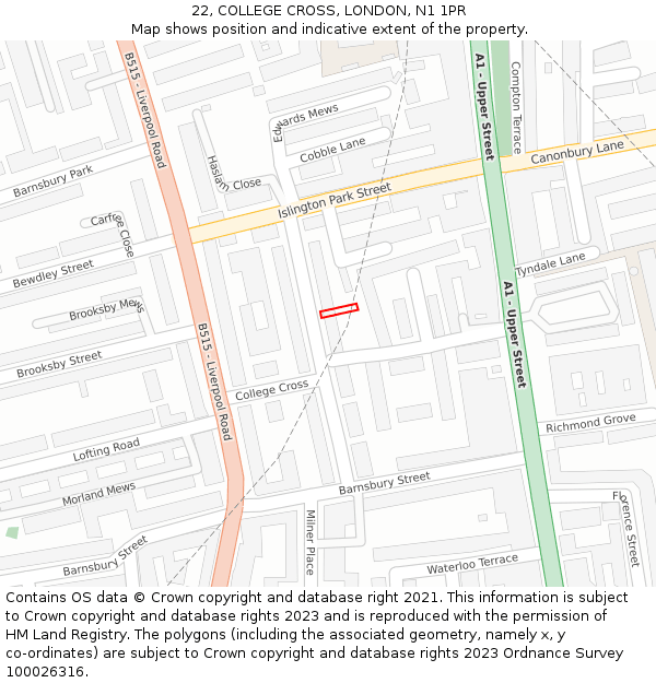 22, COLLEGE CROSS, LONDON, N1 1PR: Location map and indicative extent of plot