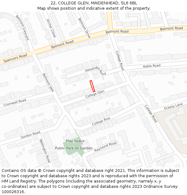 22, COLLEGE GLEN, MAIDENHEAD, SL6 6BL: Location map and indicative extent of plot