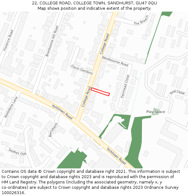 22, COLLEGE ROAD, COLLEGE TOWN, SANDHURST, GU47 0QU: Location map and indicative extent of plot