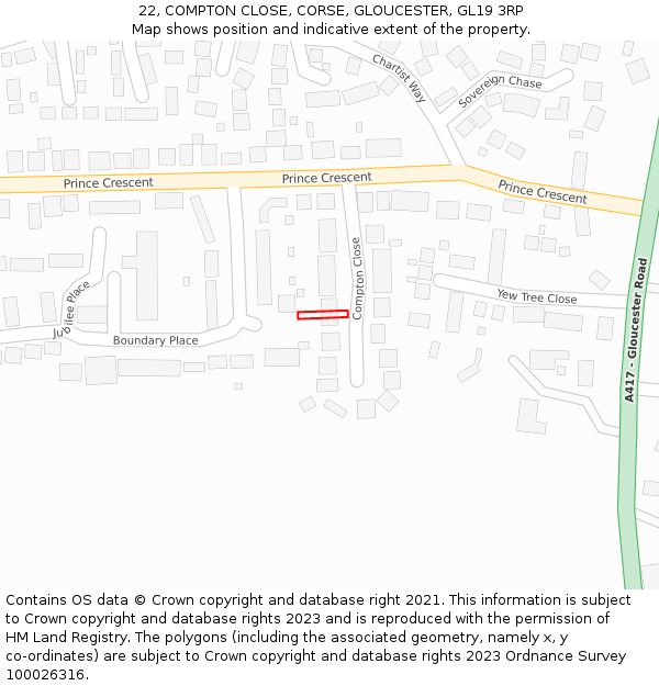 22, COMPTON CLOSE, CORSE, GLOUCESTER, GL19 3RP: Location map and indicative extent of plot
