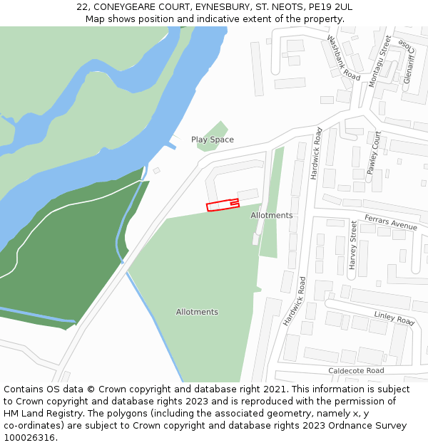 22, CONEYGEARE COURT, EYNESBURY, ST. NEOTS, PE19 2UL: Location map and indicative extent of plot