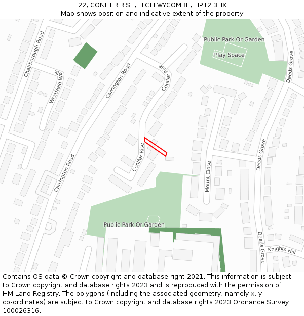 22, CONIFER RISE, HIGH WYCOMBE, HP12 3HX: Location map and indicative extent of plot