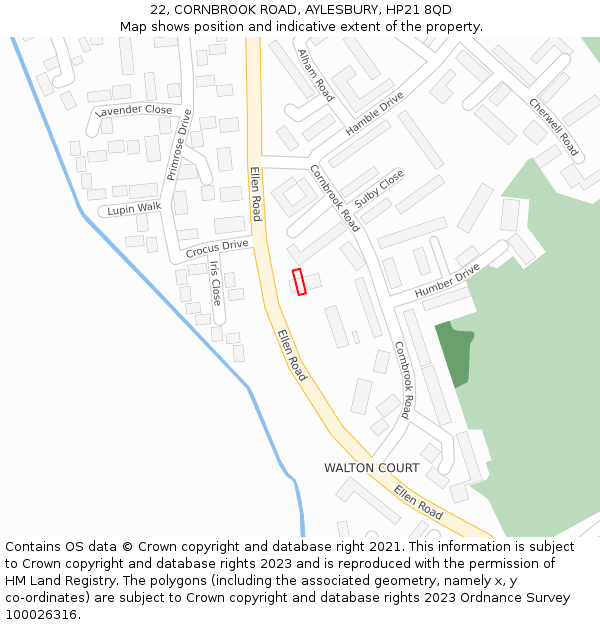 22, CORNBROOK ROAD, AYLESBURY, HP21 8QD: Location map and indicative extent of plot