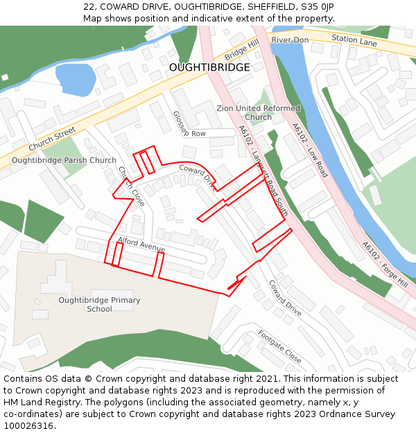 22, COWARD DRIVE, OUGHTIBRIDGE, SHEFFIELD, S35 0JP: Location map and indicative extent of plot