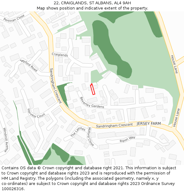 22, CRAIGLANDS, ST ALBANS, AL4 9AH: Location map and indicative extent of plot