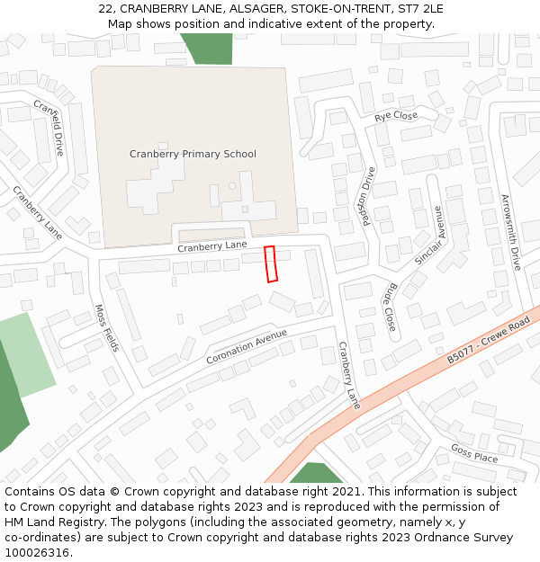 22, CRANBERRY LANE, ALSAGER, STOKE-ON-TRENT, ST7 2LE: Location map and indicative extent of plot