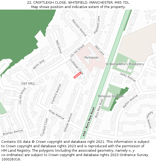 22, CROFTLEIGH CLOSE, WHITEFIELD, MANCHESTER, M45 7DL: Location map and indicative extent of plot