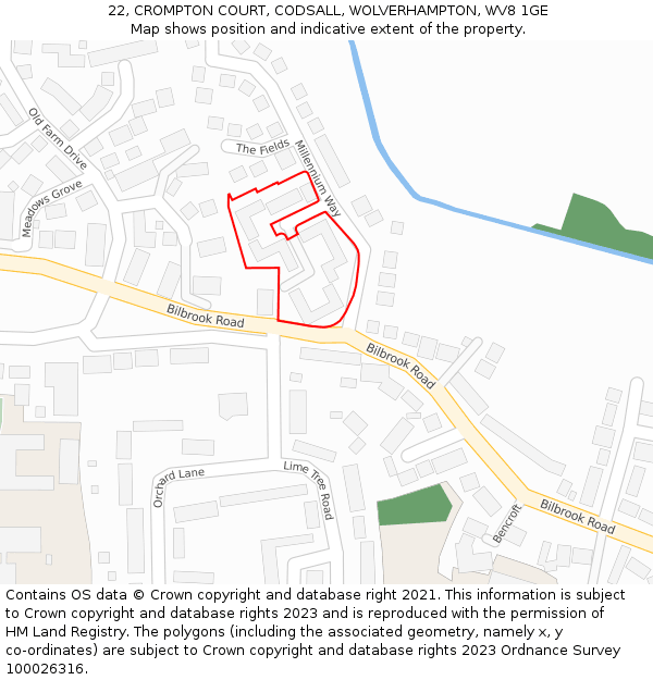22, CROMPTON COURT, CODSALL, WOLVERHAMPTON, WV8 1GE: Location map and indicative extent of plot