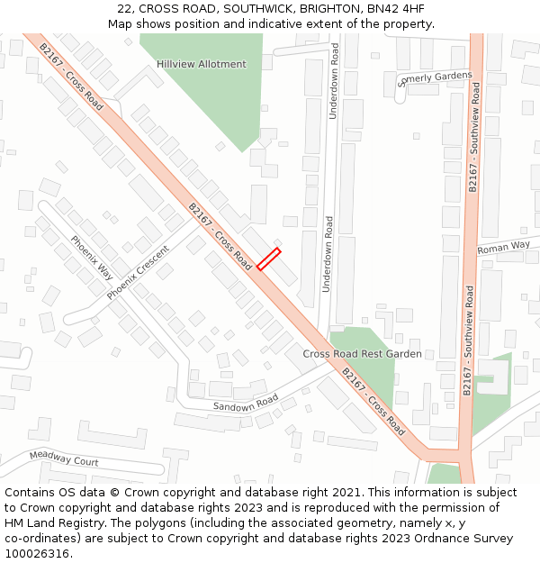 22, CROSS ROAD, SOUTHWICK, BRIGHTON, BN42 4HF: Location map and indicative extent of plot