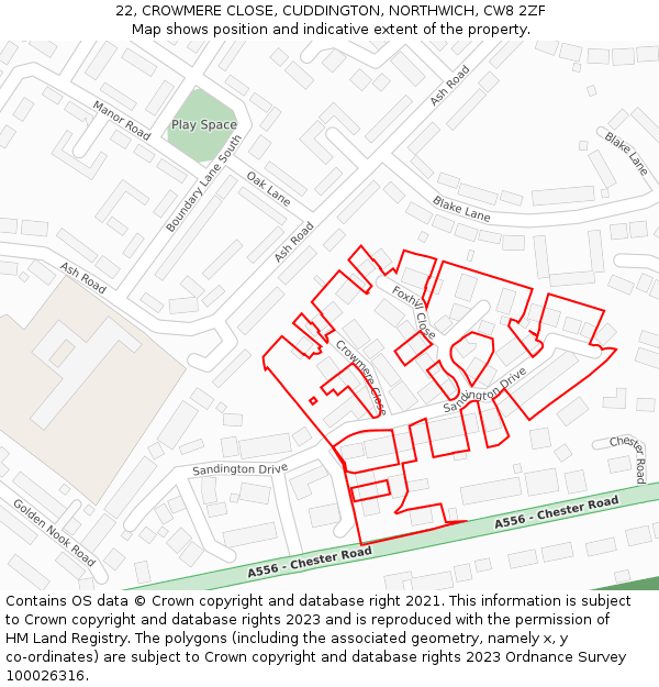 22, CROWMERE CLOSE, CUDDINGTON, NORTHWICH, CW8 2ZF: Location map and indicative extent of plot