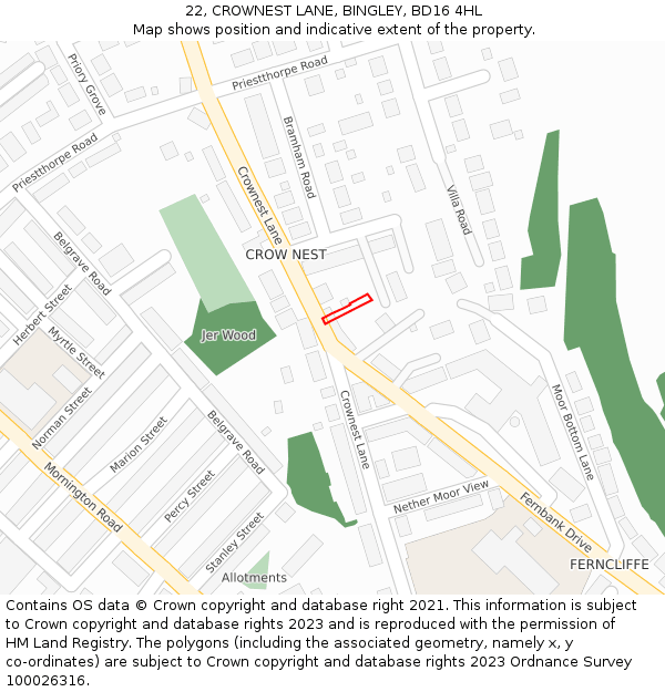 22, CROWNEST LANE, BINGLEY, BD16 4HL: Location map and indicative extent of plot