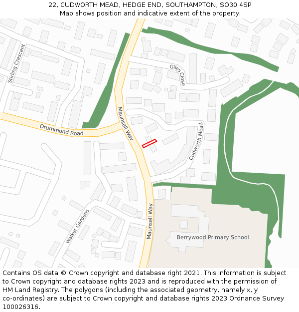 22, CUDWORTH MEAD, HEDGE END, SOUTHAMPTON, SO30 4SP: Location map and indicative extent of plot