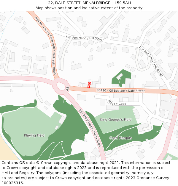 22, DALE STREET, MENAI BRIDGE, LL59 5AH: Location map and indicative extent of plot