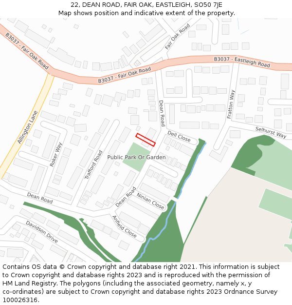 22, DEAN ROAD, FAIR OAK, EASTLEIGH, SO50 7JE: Location map and indicative extent of plot