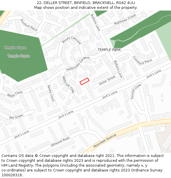 22, DELLER STREET, BINFIELD, BRACKNELL, RG42 4UU: Location map and indicative extent of plot