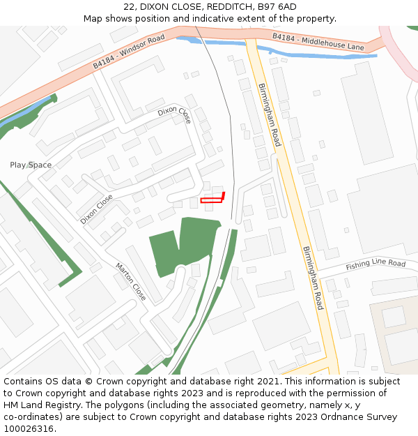 22, DIXON CLOSE, REDDITCH, B97 6AD: Location map and indicative extent of plot