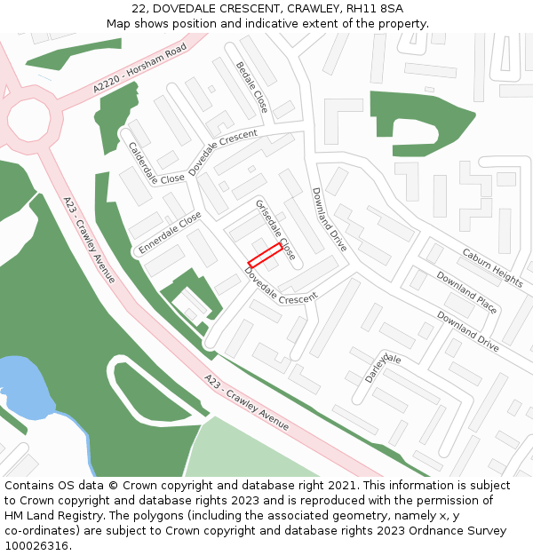 22, DOVEDALE CRESCENT, CRAWLEY, RH11 8SA: Location map and indicative extent of plot