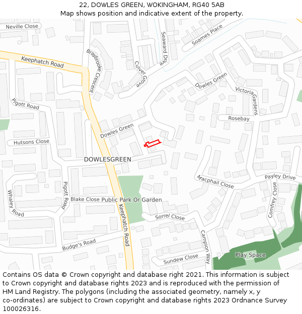 22, DOWLES GREEN, WOKINGHAM, RG40 5AB: Location map and indicative extent of plot