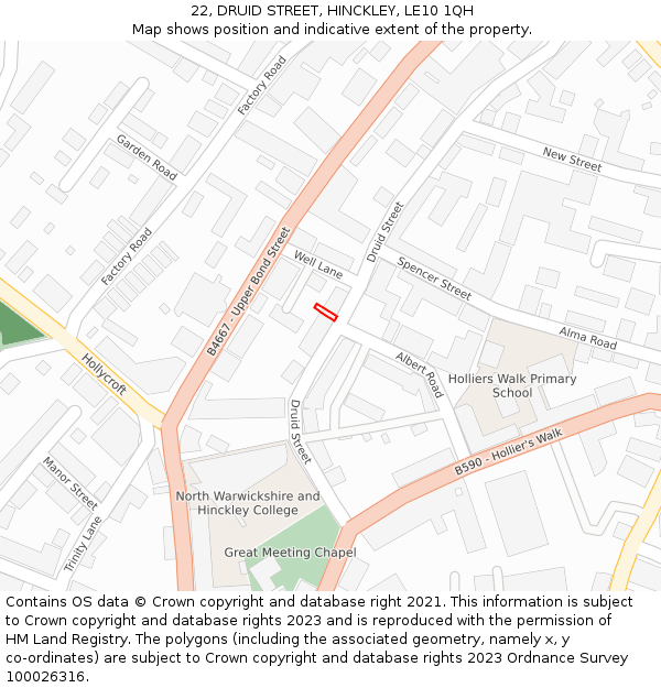 22, DRUID STREET, HINCKLEY, LE10 1QH: Location map and indicative extent of plot