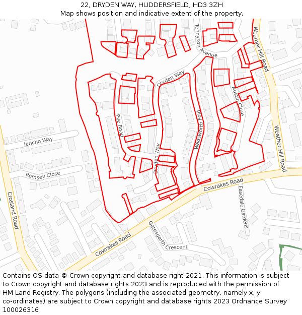 22, DRYDEN WAY, HUDDERSFIELD, HD3 3ZH: Location map and indicative extent of plot