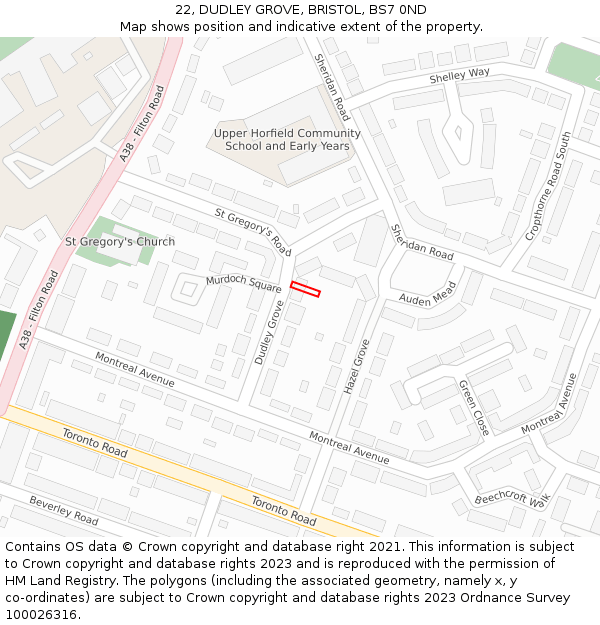 22, DUDLEY GROVE, BRISTOL, BS7 0ND: Location map and indicative extent of plot