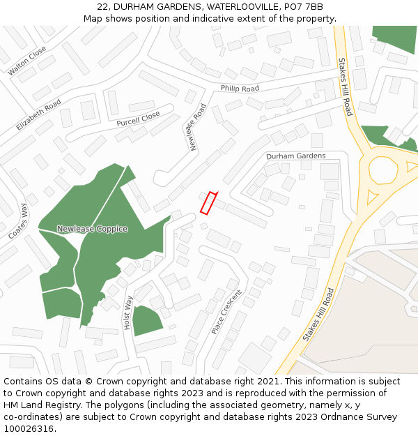 22, DURHAM GARDENS, WATERLOOVILLE, PO7 7BB: Location map and indicative extent of plot